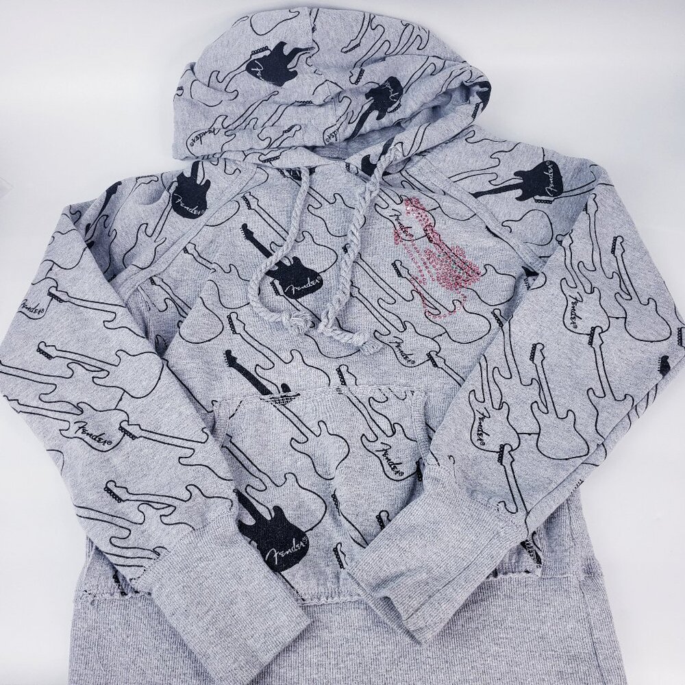 Fender Guitar Pullover Hoodie Sweatshirt Gray Pink Rhinestone Girls Size M